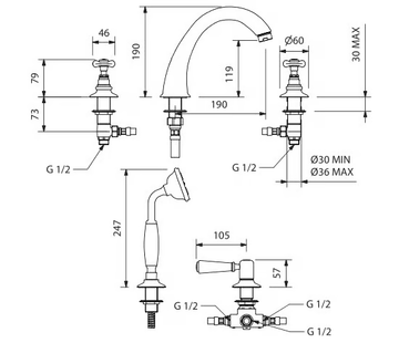 JAMES - Deck mounted 5 hole bathtub tap with hand shower by Park Avenue - view 3